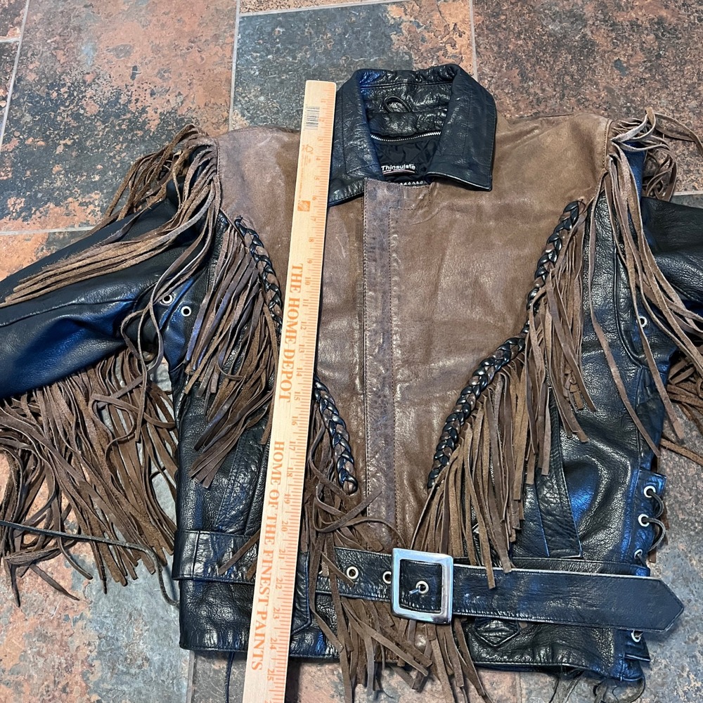 Vintage Wilsons Leather Fringe Jacket Womens S Black Brown Motorcycle Biker 90s - Picture 15 of 16